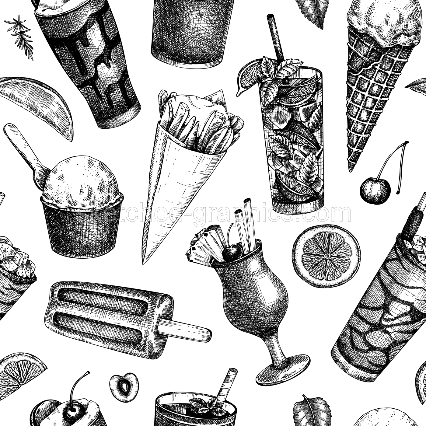 Summer party background. Tropical seamless pattern. Non-alcoholic beverage, mocktail, ice cream, fruit, cocktail sketches. Hand drawn vector illustration. Summer food and drinks design. Illustration